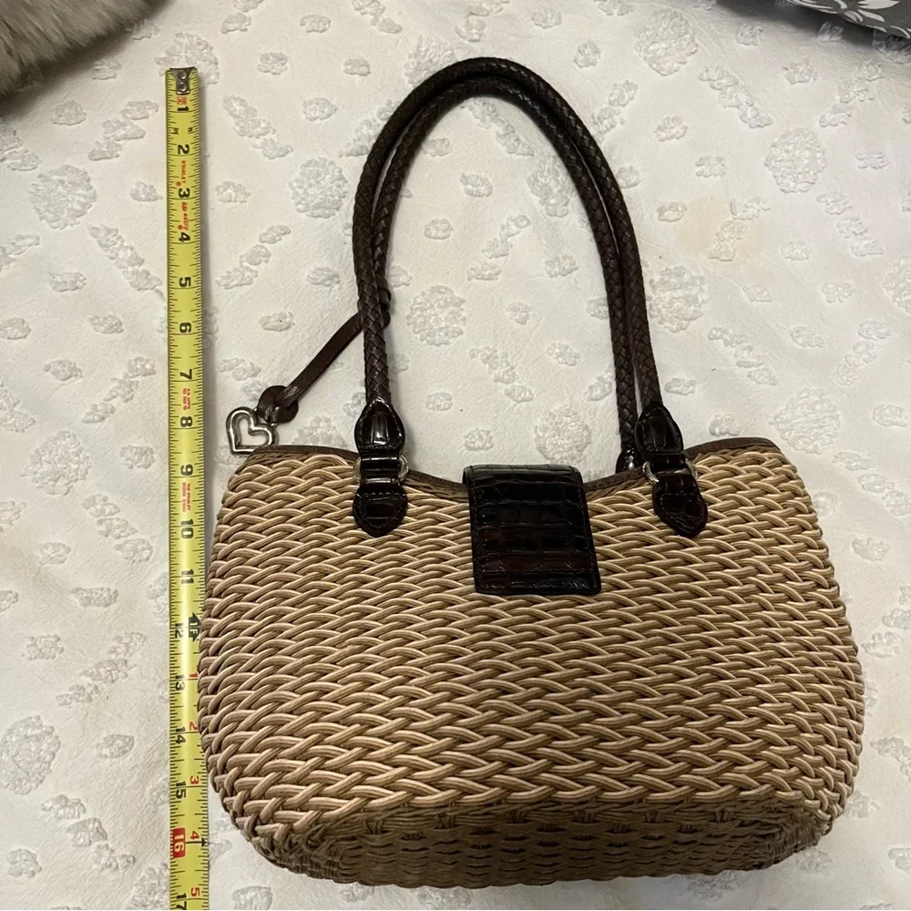 Brighton Basket Weave Brown Leather Braided Straps Croc Embossed Shoulder Bag